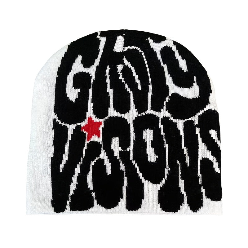 1pc Y2K Unisex Hip-Hop Knit Beanie, Acrylic Elastic Skull Cap with Letter Jacquard, Warm Ski Hat for Couples, No Feather, Hand Washable