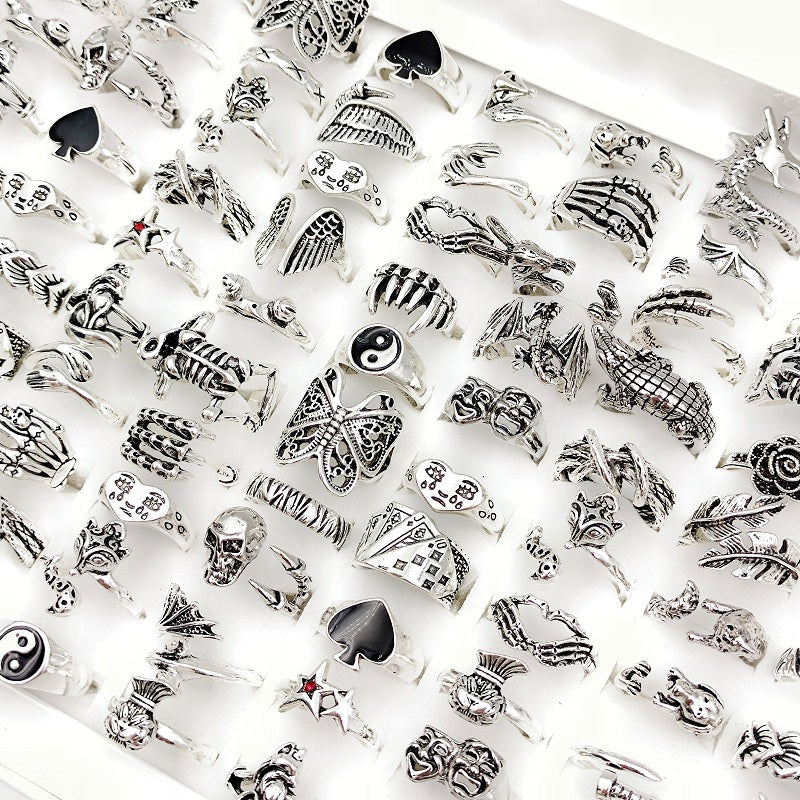 30pcs/set Yicen Hip-hop New Vintage Women's Rings In Silvery Alloy Material Punk Heart Flower Skull Butterfly Tai Chi Ring Jewelry Party Gifts, Yicen