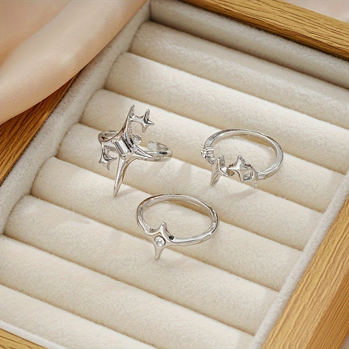 3PCS Y2K Inspired Starburst Open Ring Set with Dazzling Zirconia Accents - Elegant Everyday and Party Wear Accessory - Durable Alloy Material with Comfortable Fit