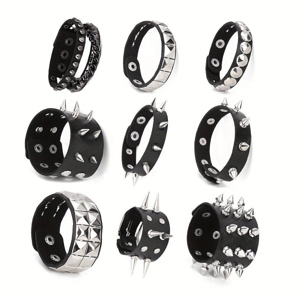 9-Piece Unisex Punk Rock PU Leather Spiked Rivet Adjustable Bangle Cuffs - Fashionable Wristbands for Women and Men - Y2K Inspired, Rock Chic, Comfortable, and Versatile Accessory