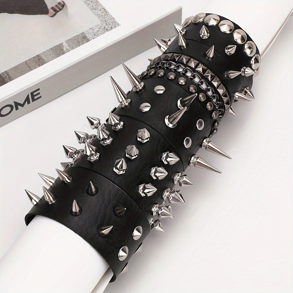 9-Piece Unisex Punk Rock PU Leather Spiked Rivet Adjustable Bangle Cuffs - Fashionable Wristbands for Women and Men - Y2K Inspired, Rock Chic, Comfortable, and Versatile Accessory