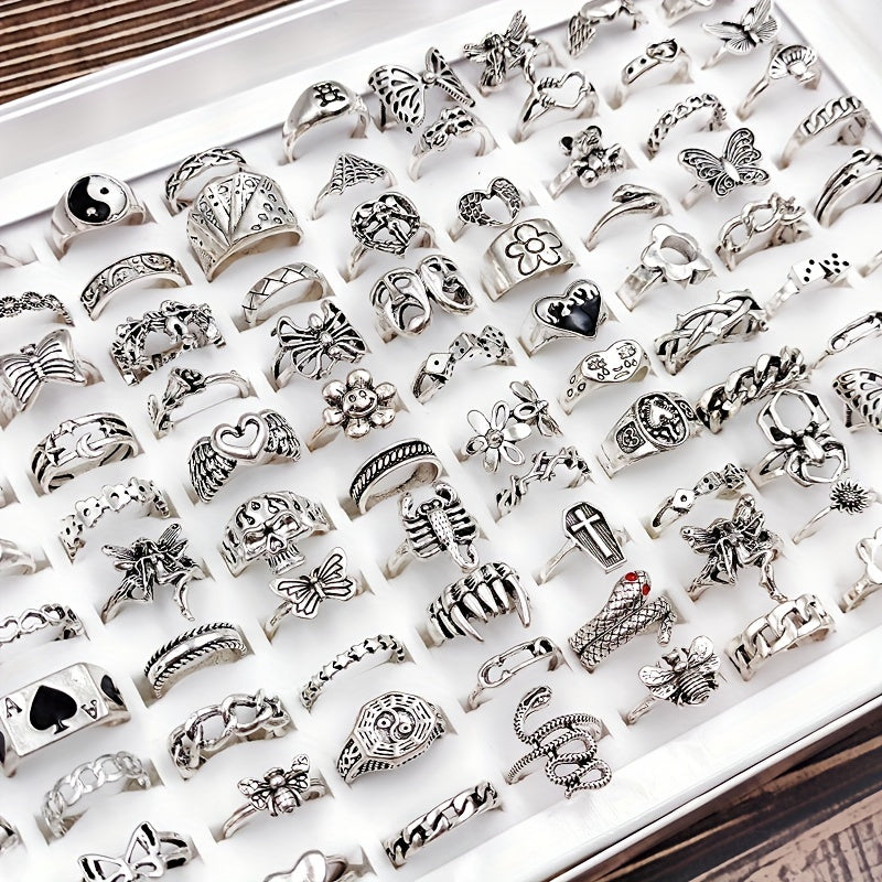 30pcs/set Yicen Hip-hop New Vintage Women's Rings In Silvery Alloy Material Punk Heart Flower Skull Butterfly Tai Chi Ring Jewelry Party Gifts, Yicen