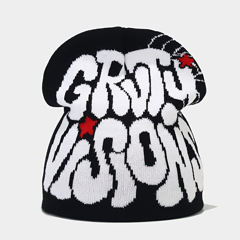 1pc Y2K Unisex Hip-Hop Knit Beanie, Acrylic Elastic Skull Cap with Letter Jacquard, Warm Ski Hat for Couples, No Feather, Hand Washable