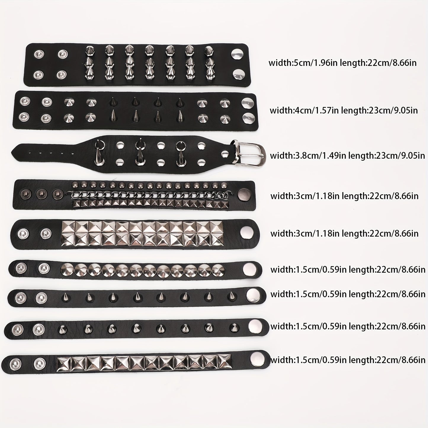 9-Piece Unisex Punk Rock PU Leather Spiked Rivet Adjustable Bangle Cuffs - Fashionable Wristbands for Women and Men - Y2K Inspired, Rock Chic, Comfortable, and Versatile Accessory