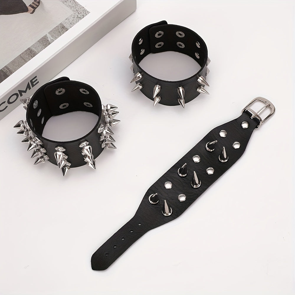 9-Piece Unisex Punk Rock PU Leather Spiked Rivet Adjustable Bangle Cuffs - Fashionable Wristbands for Women and Men - Y2K Inspired, Rock Chic, Comfortable, and Versatile Accessory