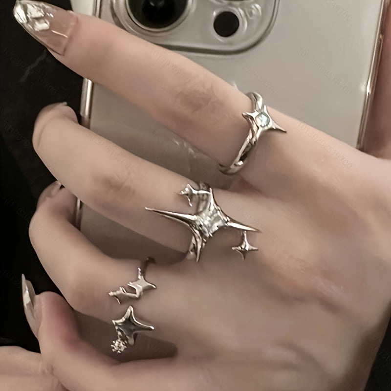 3PCS Y2K Inspired Starburst Open Ring Set with Dazzling Zirconia Accents - Elegant Everyday and Party Wear Accessory - Durable Alloy Material with Comfortable Fit