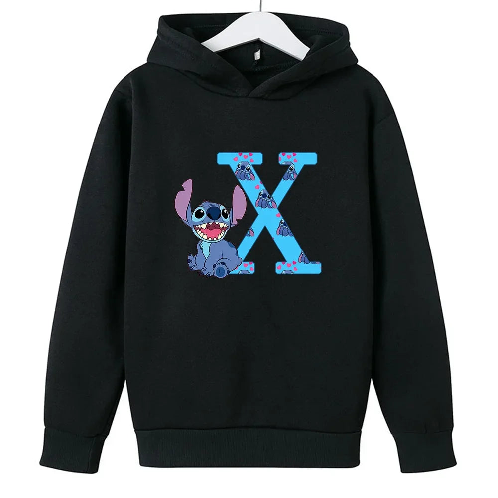 Children Hoodies Stitch Letter ABCD Kawaii Fashion Pullover Sweatshirt Anime Manga Cartoons Girls Boy Kids Casual Clothes Tops