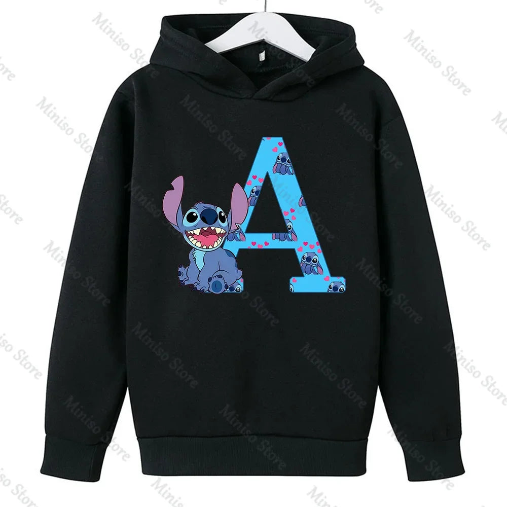 Children Hoodies Stitch Letter ABCD Kawaii Fashion Pullover Sweatshirt Anime Manga Cartoons Girls Boy Kids Casual Clothes Tops