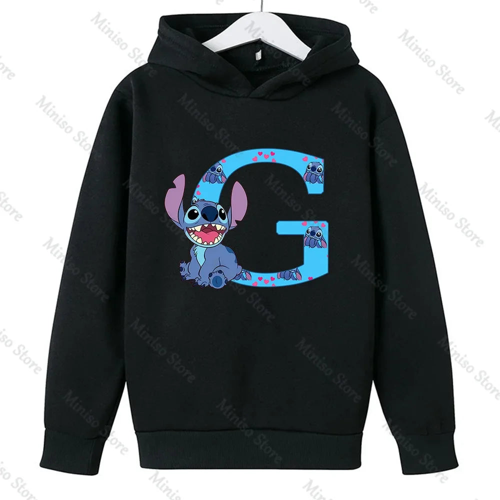 Children Hoodies Stitch Letter ABCD Kawaii Fashion Pullover Sweatshirt Anime Manga Cartoons Girls Boy Kids Casual Clothes Tops