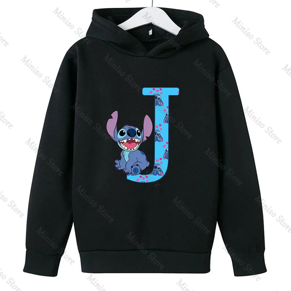 Children Hoodies Stitch Letter ABCD Kawaii Fashion Pullover Sweatshirt Anime Manga Cartoons Girls Boy Kids Casual Clothes Tops