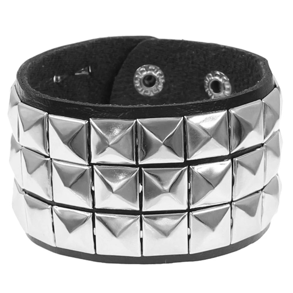 2024 Punk Skull Star Bracelet Personality PU Leather Three Rows Spikes Square Stud Bracelets Bangle For Women Man