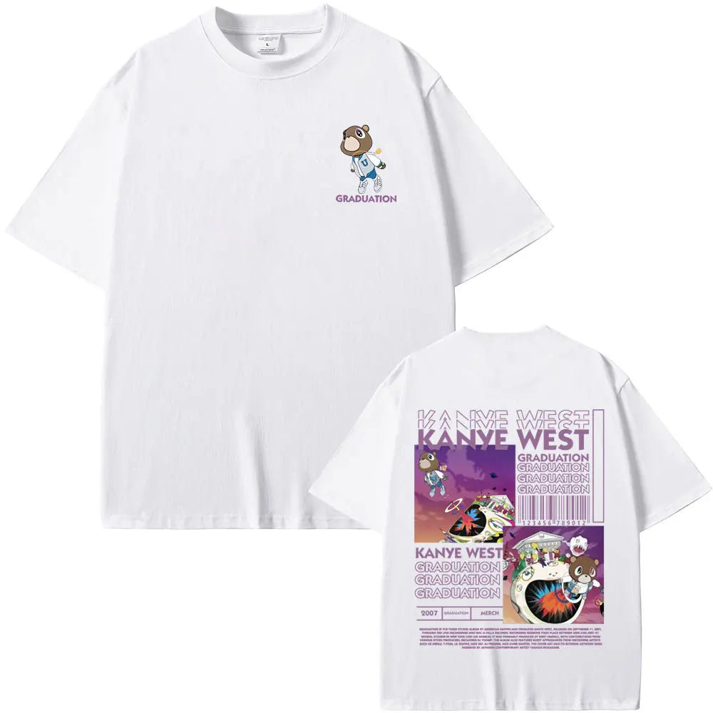 Rapper Kanye West Graduation Bear Double Sided Print T Shirt Men Women Fashion Hip Hop Oversized T-shirt Men's Cotton T-shirts