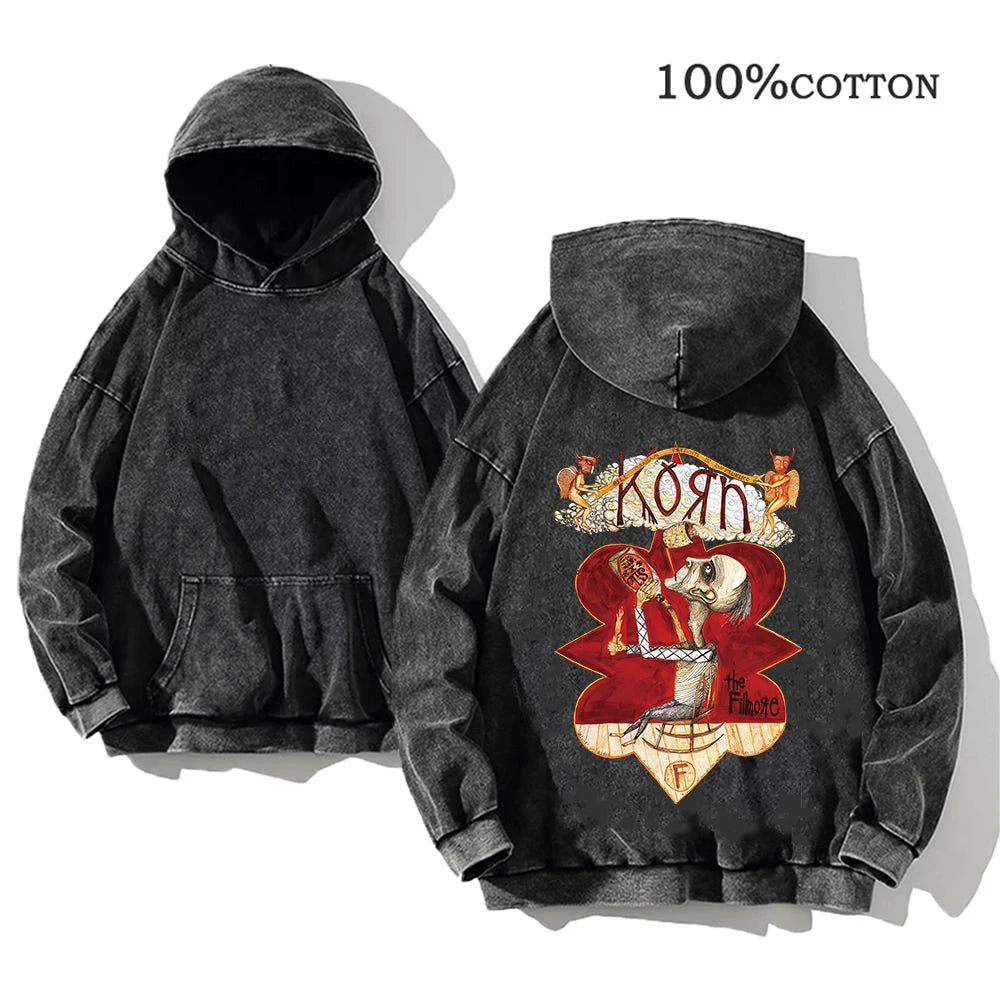 Korn Rock Band World Tour Hoodies Vintage Washed Men's Sweatshirts Cotton Hip Hop Streetwear Hooded Pullover Loose Y2K Tops