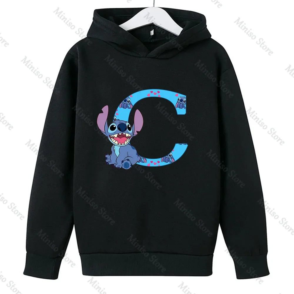 Children Hoodies Stitch Letter ABCD Kawaii Fashion Pullover Sweatshirt Anime Manga Cartoons Girls Boy Kids Casual Clothes Tops