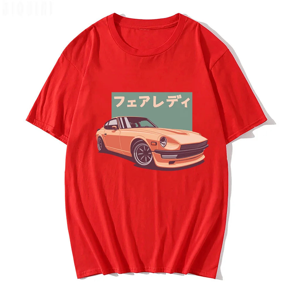 JDM T-shirts Japanese Retro Car Print 100% Cotton O-Neck Summer CRX Harajuku Oversized Tops Mens Casual Tees Camisetas