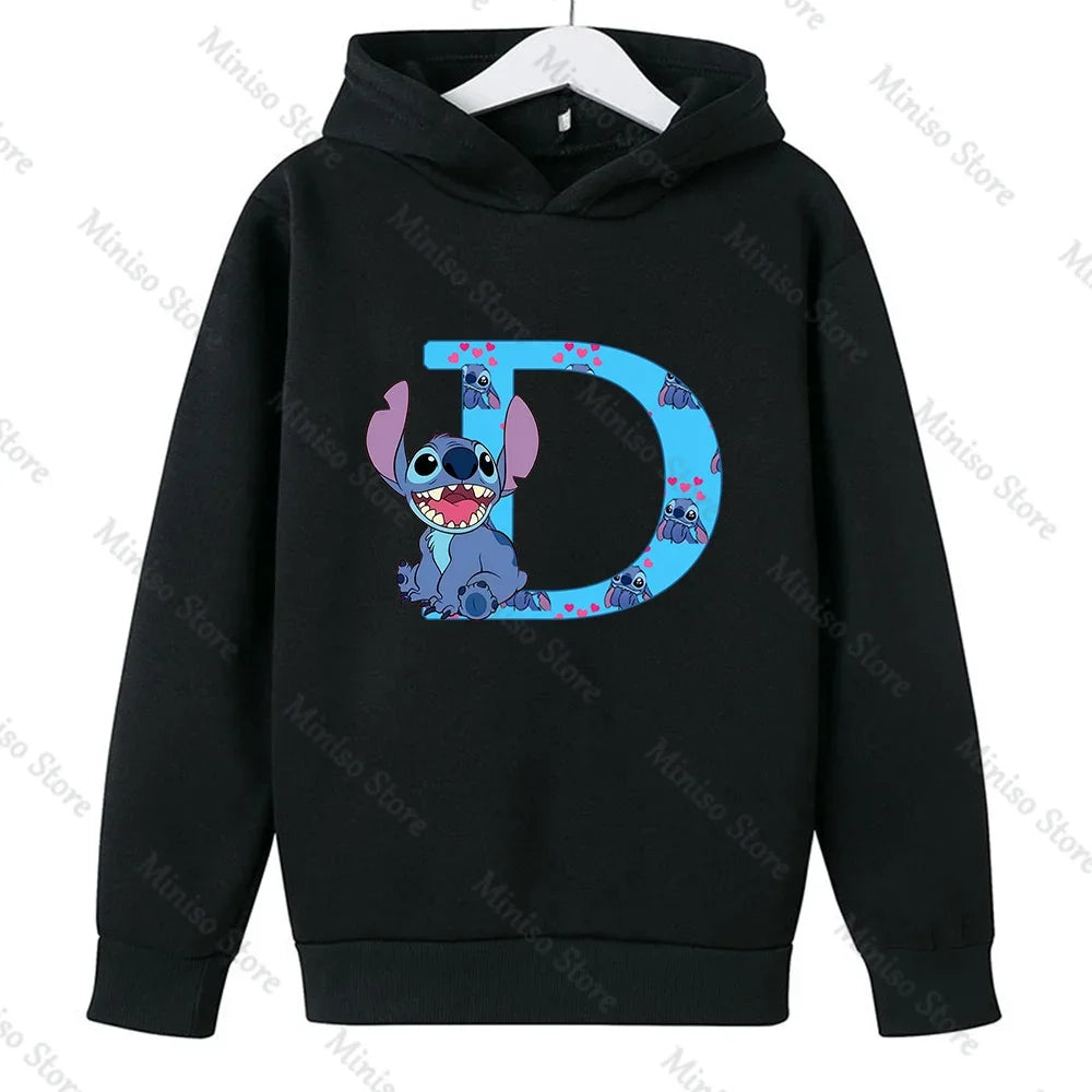 Children Hoodies Stitch Letter ABCD Kawaii Fashion Pullover Sweatshirt Anime Manga Cartoons Girls Boy Kids Casual Clothes Tops