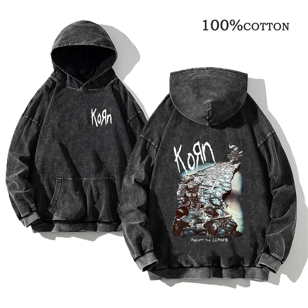 Korn Rock Band World Tour Hoodies Vintage Washed Men's Sweatshirts Cotton Hip Hop Streetwear Hooded Pullover Loose Y2K Tops