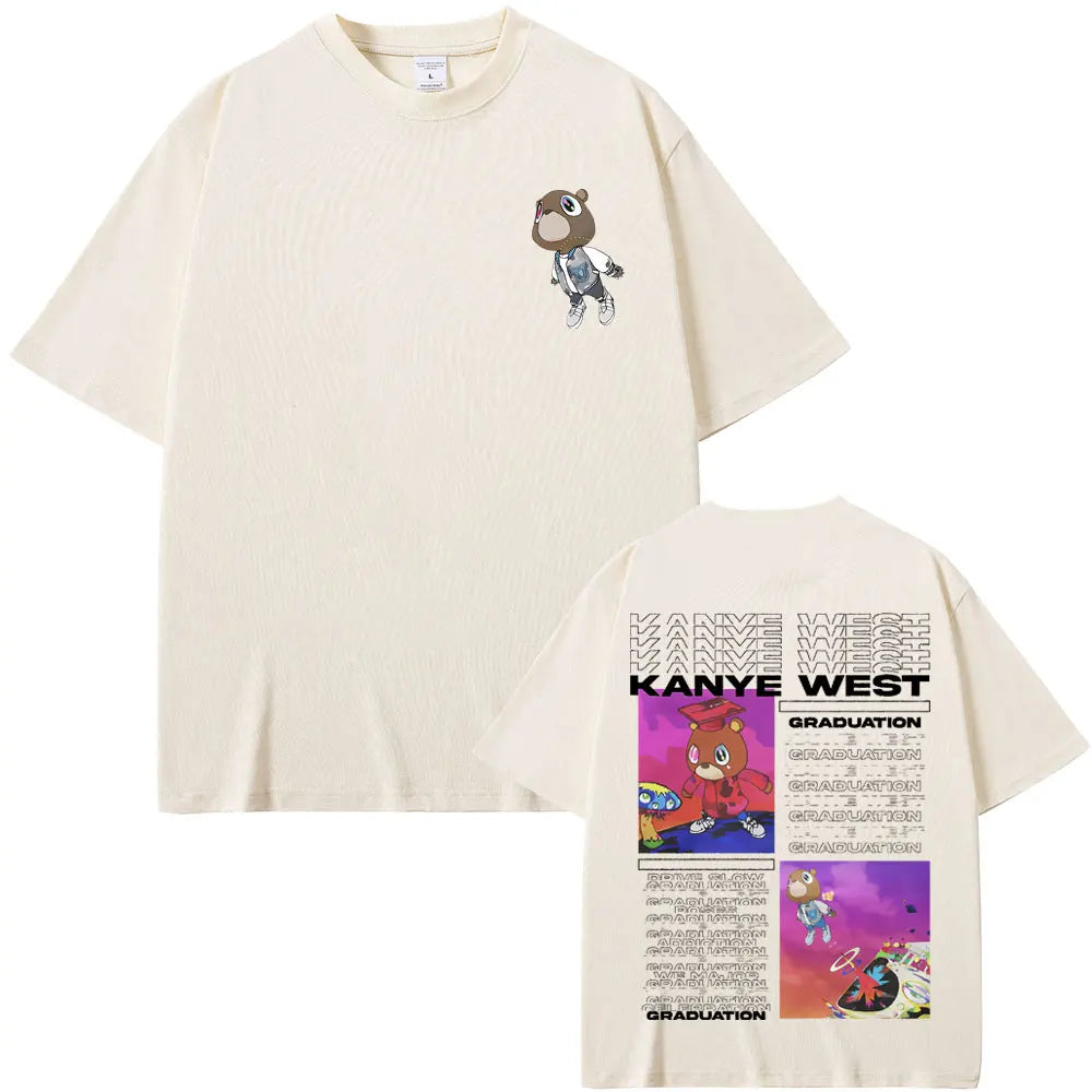 Rapper Kanye West Graduation Bear Double Sided Print T Shirt Men Women Fashion Hip Hop Oversized T-shirt Men's Cotton T-shirts