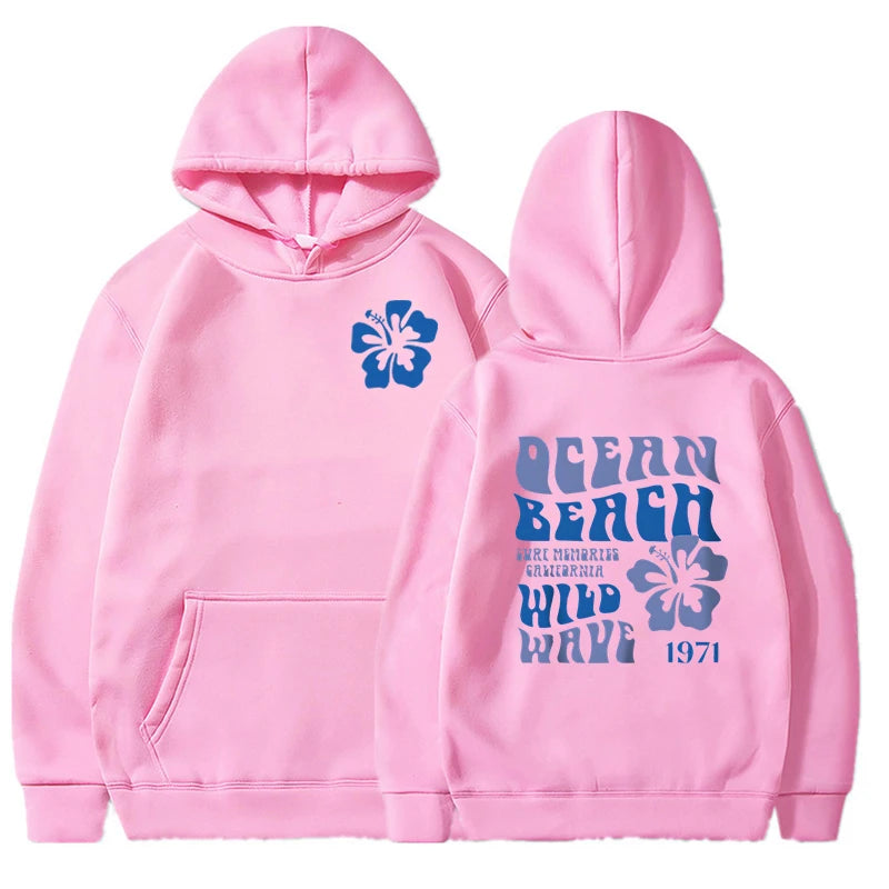 Ocean Beach Wild Wave Print Hoodie Women Vintage Long Sleeve Floral Letter Hooded Fashion Aesthetics Chasing Sunsets Sweatshirt