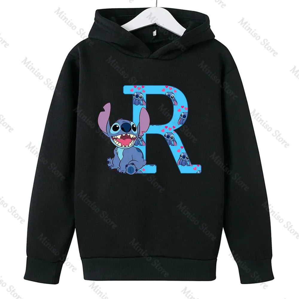 Children Hoodies Stitch Letter ABCD Kawaii Fashion Pullover Sweatshirt Anime Manga Cartoons Girls Boy Kids Casual Clothes Tops