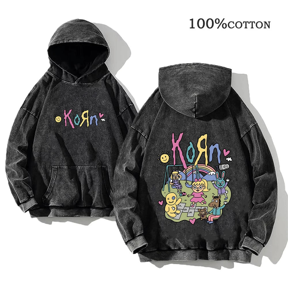 Korn Rock Band World Tour Hoodies Vintage Washed Men's Sweatshirts Cotton Hip Hop Streetwear Hooded Pullover Loose Y2K Tops