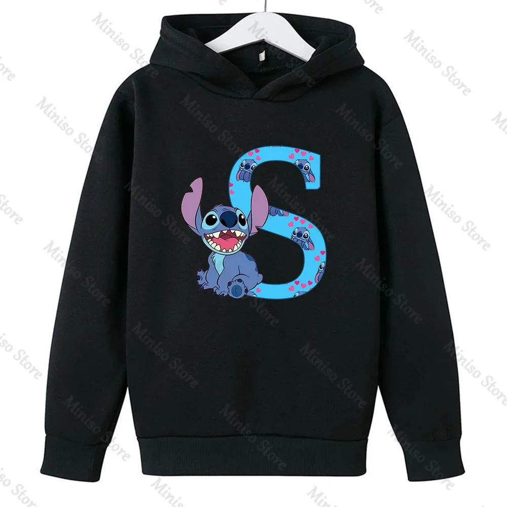 Children Hoodies Stitch Letter ABCD Kawaii Fashion Pullover Sweatshirt Anime Manga Cartoons Girls Boy Kids Casual Clothes Tops