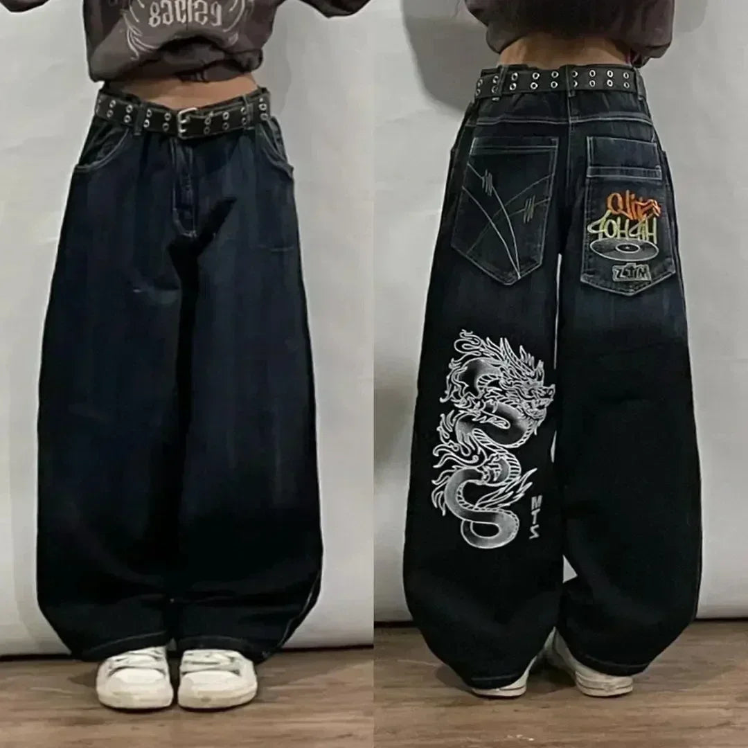 American Y2K New Fashion Pattern Embroidery Loose Jeans Men Street Casual Joker Mopping Oversized Wide-leg Pants Couple Jeans