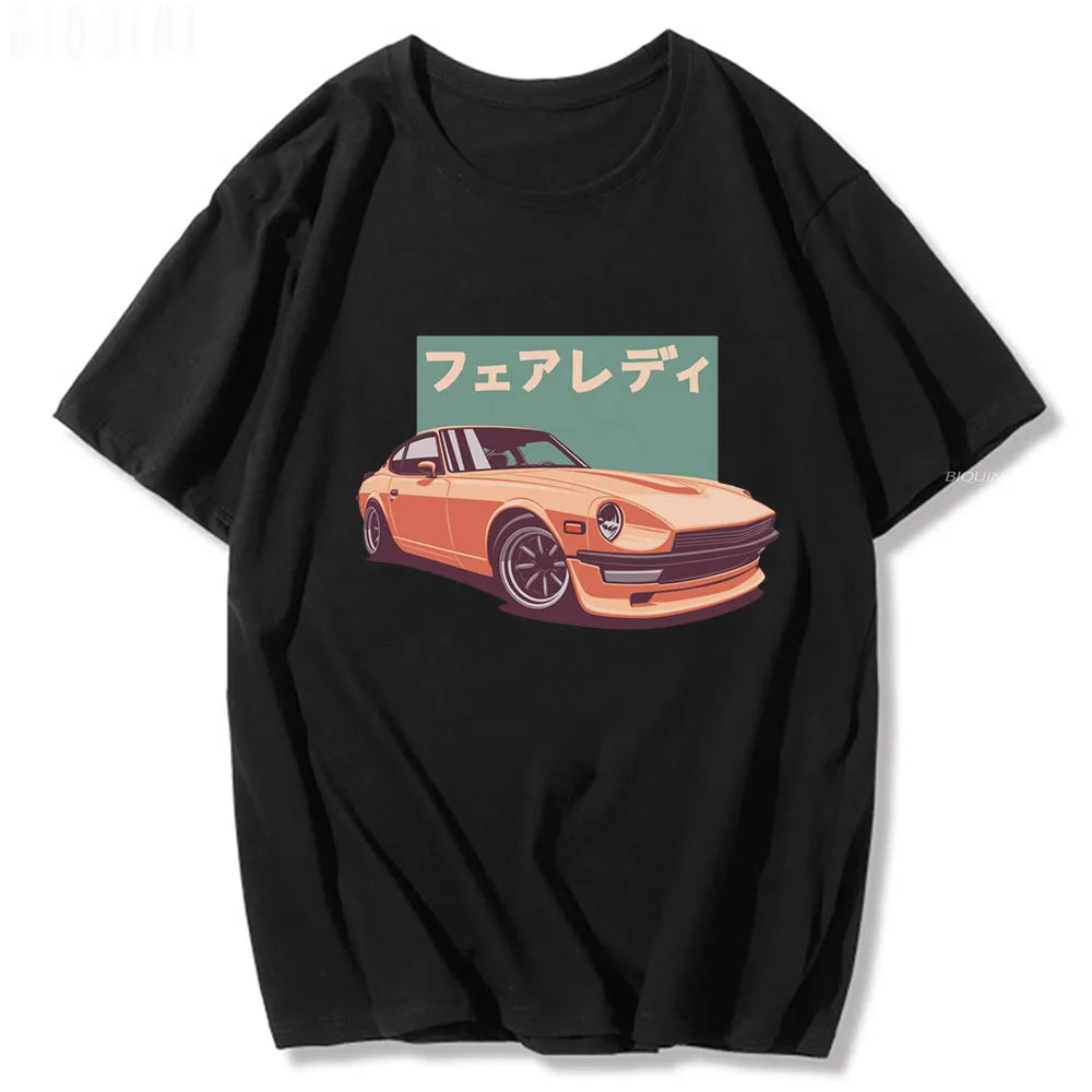 JDM T-shirts Japanese Retro Car Print 100% Cotton O-Neck Summer CRX Harajuku Oversized Tops Mens Casual Tees Camisetas