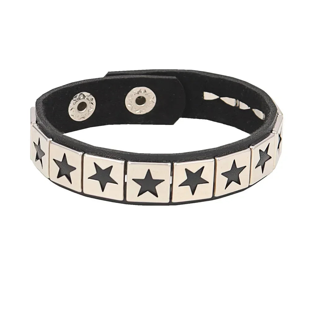 Punk Hip Hop Rock PU Leather Bracelet Unisex Trendy Chain Skull Pentagram Rivet Bracelet Party Jewelry Accessories