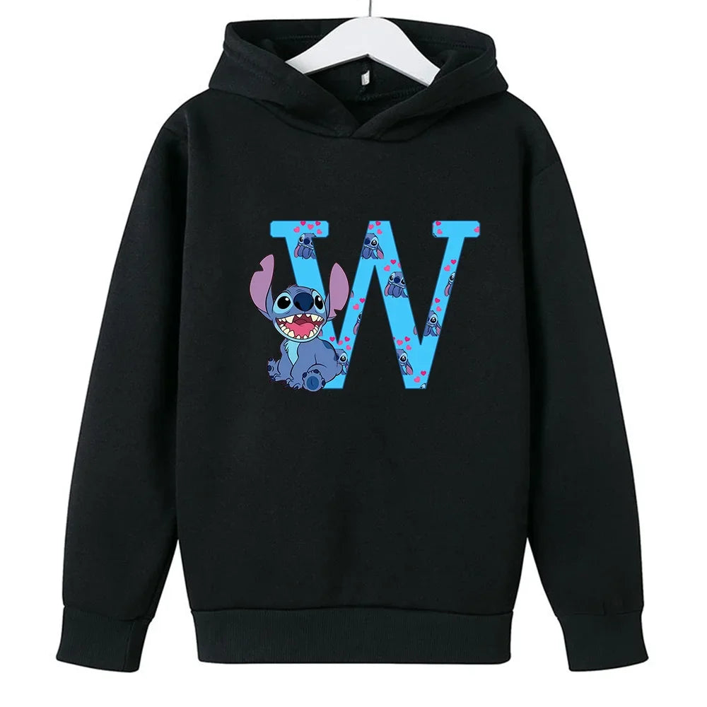 Children Hoodies Stitch Letter ABCD Kawaii Fashion Pullover Sweatshirt Anime Manga Cartoons Girls Boy Kids Casual Clothes Tops