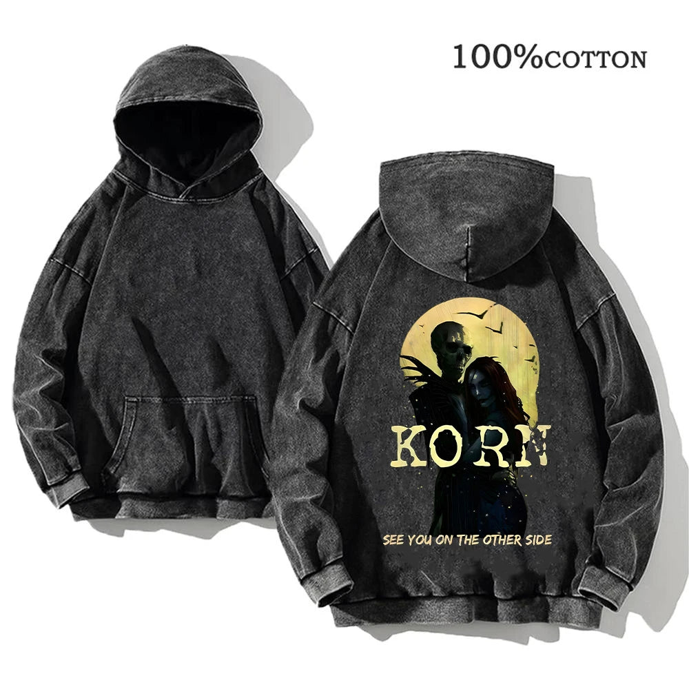 Korn Rock Band World Tour Hoodies Vintage Washed Men's Sweatshirts Cotton Hip Hop Streetwear Hooded Pullover Loose Y2K Tops