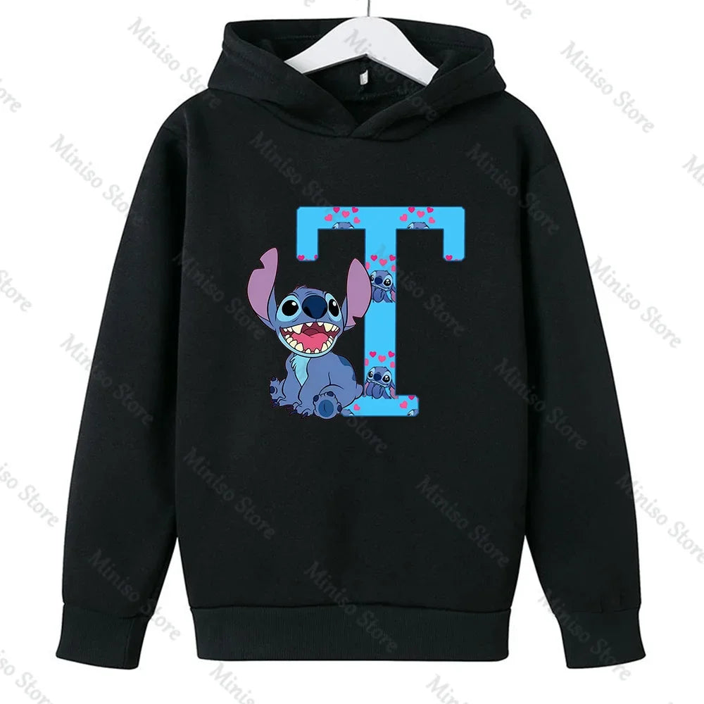 Children Hoodies Stitch Letter ABCD Kawaii Fashion Pullover Sweatshirt Anime Manga Cartoons Girls Boy Kids Casual Clothes Tops