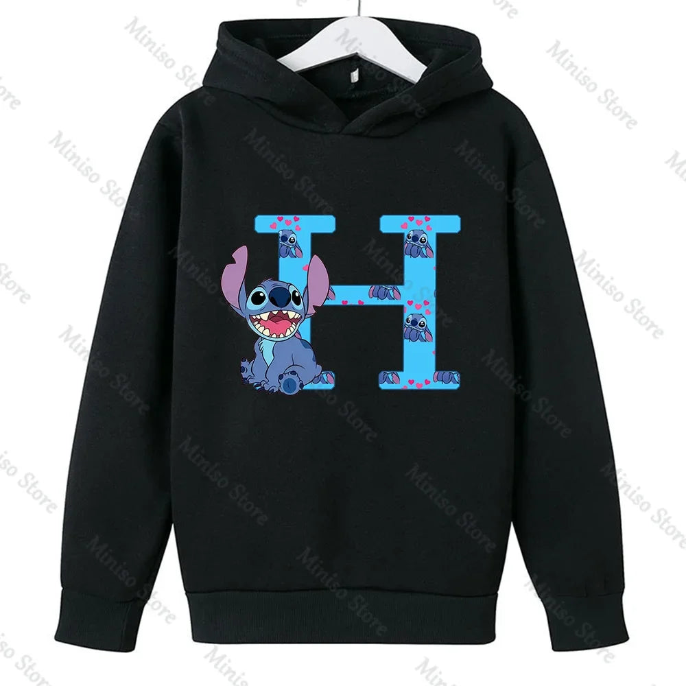 Children Hoodies Stitch Letter ABCD Kawaii Fashion Pullover Sweatshirt Anime Manga Cartoons Girls Boy Kids Casual Clothes Tops