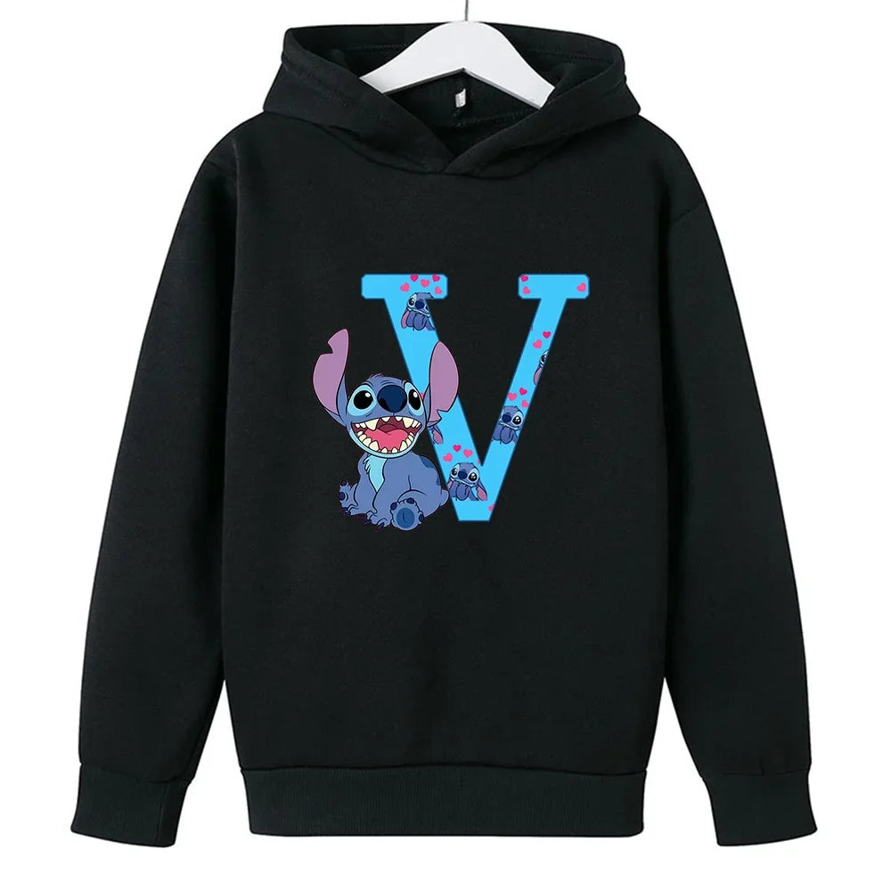 Children Hoodies Stitch Letter ABCD Kawaii Fashion Pullover Sweatshirt Anime Manga Cartoons Girls Boy Kids Casual Clothes Tops