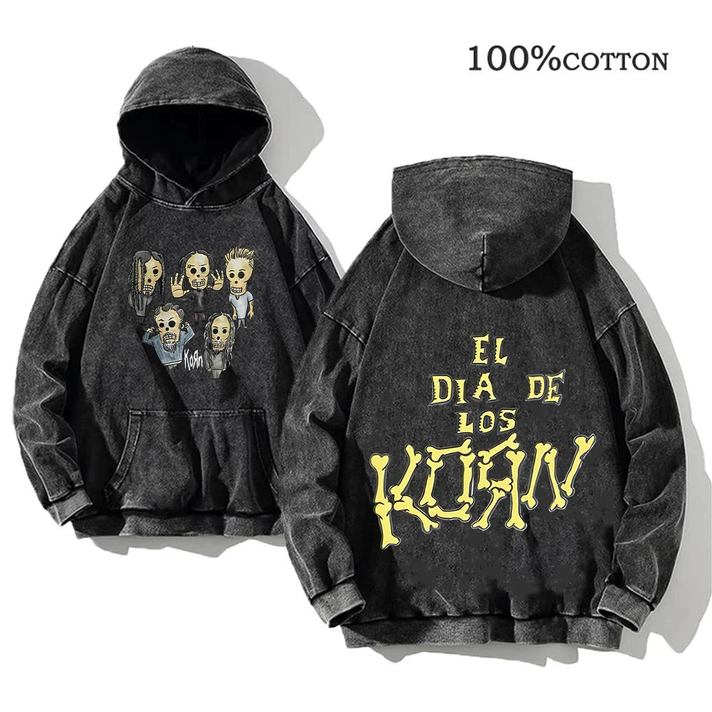 Korn Rock Band World Tour Hoodies Vintage Washed Men's Sweatshirts Cotton Hip Hop Streetwear Hooded Pullover Loose Y2K Tops