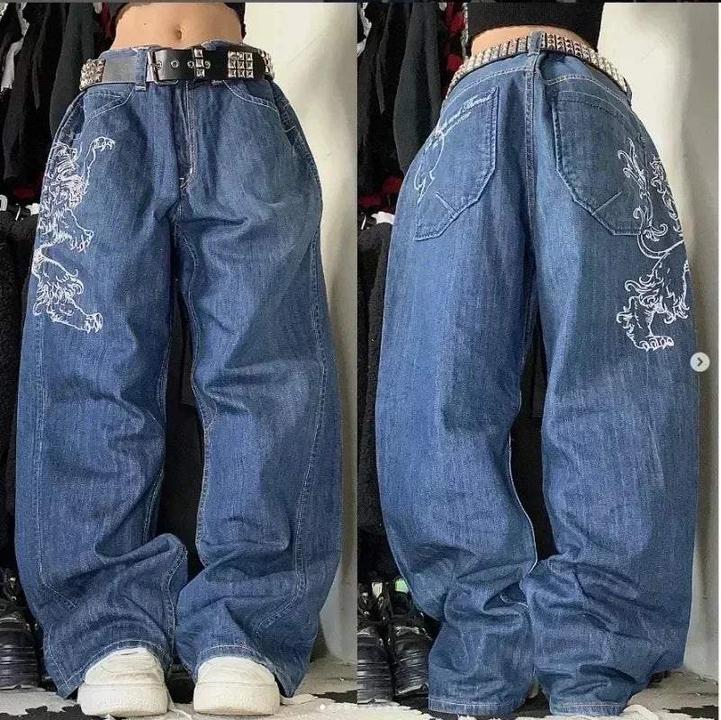 American Y2K New Fashion Pattern Embroidery Loose Jeans Men Street Casual Joker Mopping Oversized Wide-leg Pants Couple Jeans