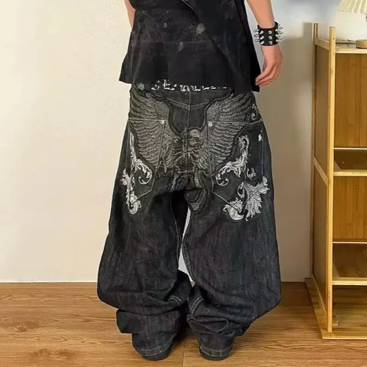 American Y2K New Fashion Pattern Embroidery Loose Jeans Men Street Casual Joker Mopping Oversized Wide-leg Pants Couple Jeans