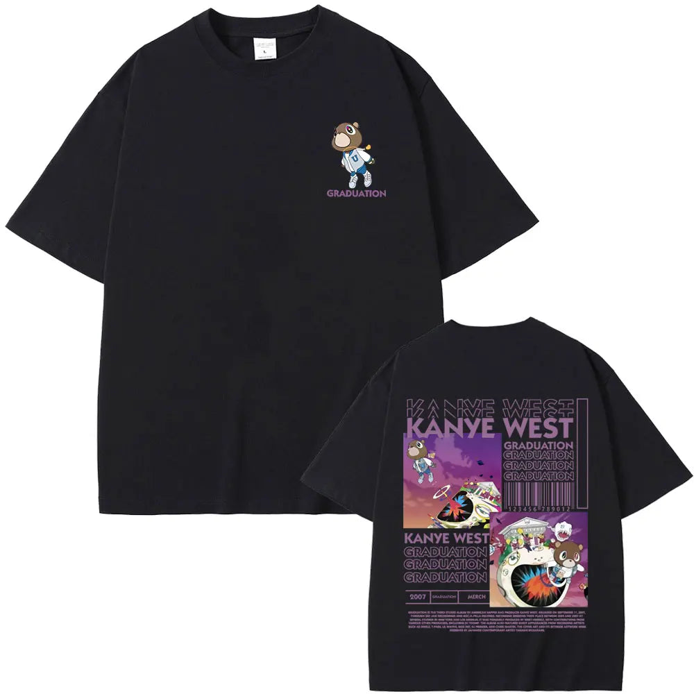 Rapper Kanye West Graduation Bear Double Sided Print T Shirt Men Women Fashion Hip Hop Oversized T-shirt Men's Cotton T-shirts