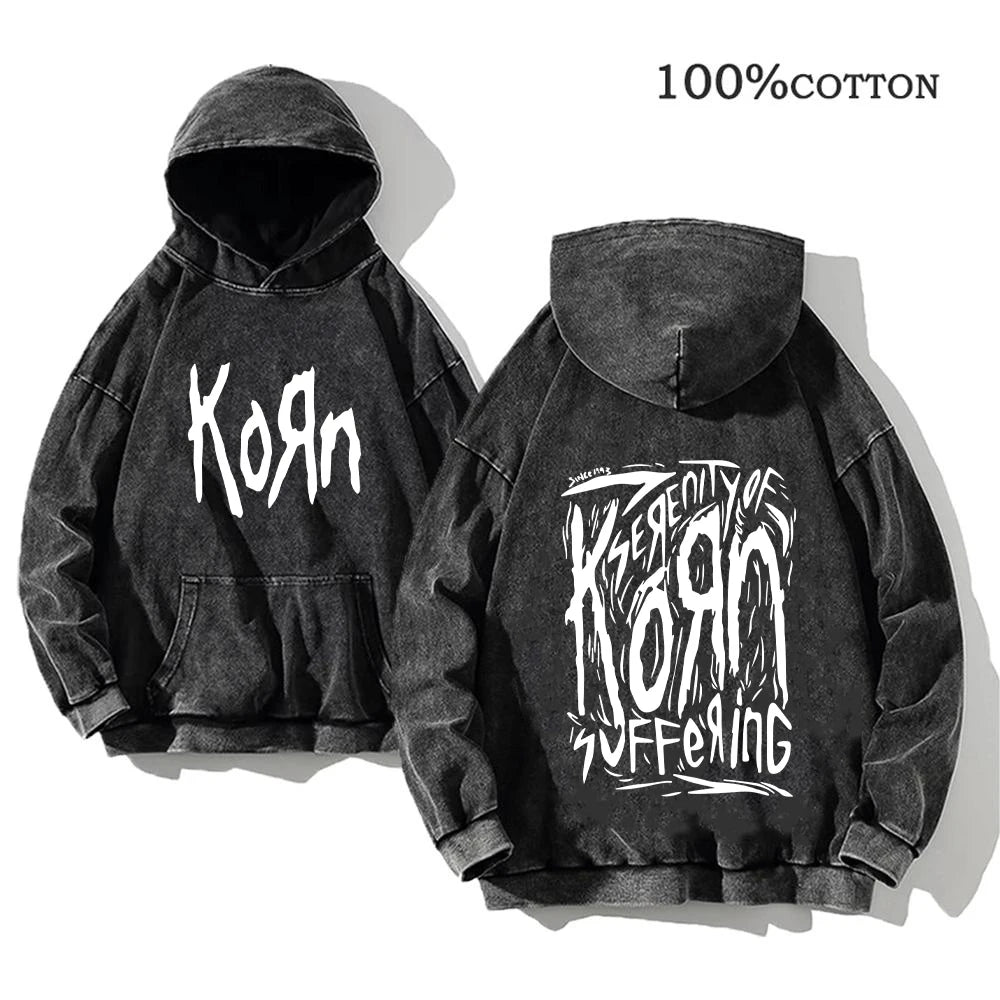 Korn Rock Band World Tour Hoodies Vintage Washed Men's Sweatshirts Cotton Hip Hop Streetwear Hooded Pullover Loose Y2K Tops