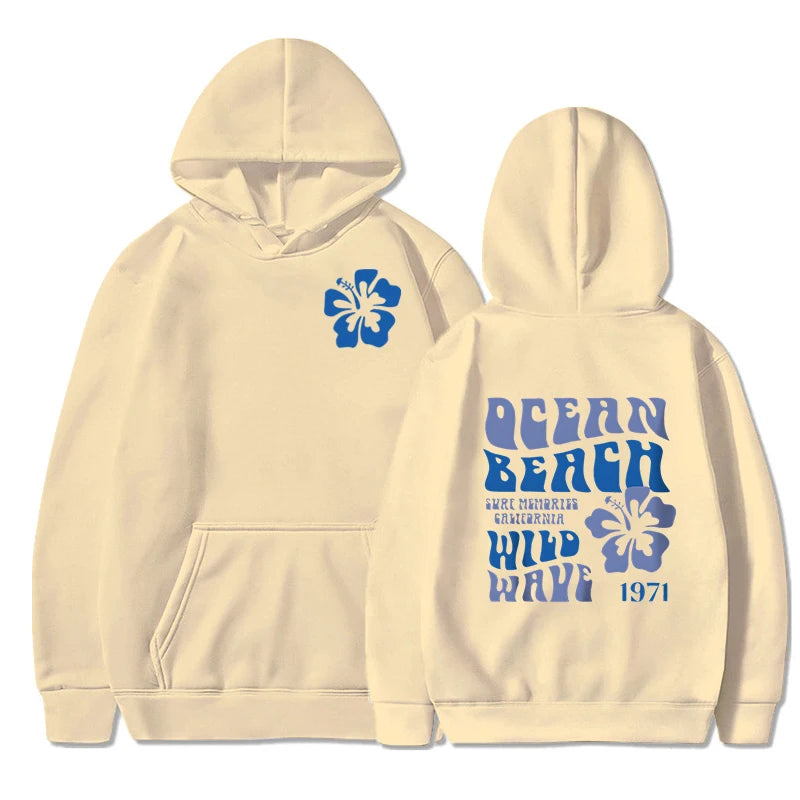 Ocean Beach Wild Wave Print Hoodie Women Vintage Long Sleeve Floral Letter Hooded Fashion Aesthetics Chasing Sunsets Sweatshirt