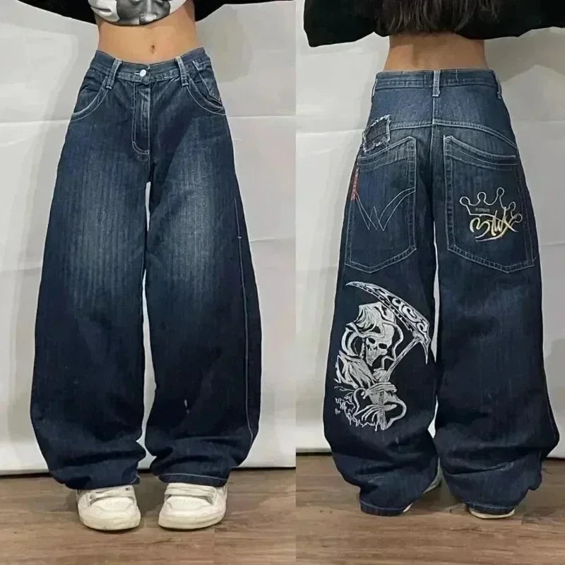 American Y2K New Fashion Pattern Embroidery Loose Jeans Men Street Casual Joker Mopping Oversized Wide-leg Pants Couple Jeans