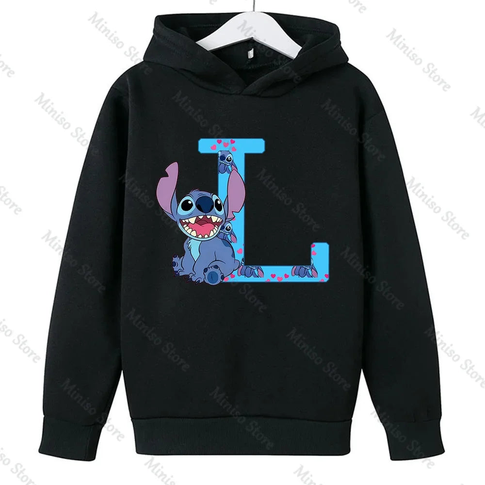 Children Hoodies Stitch Letter ABCD Kawaii Fashion Pullover Sweatshirt Anime Manga Cartoons Girls Boy Kids Casual Clothes Tops