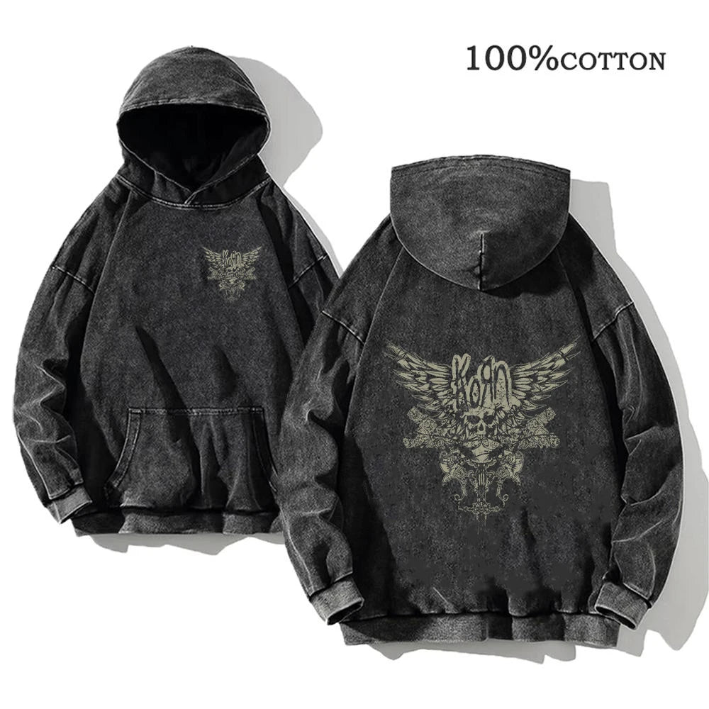 Korn Rock Band World Tour Hoodies Vintage Washed Men's Sweatshirts Cotton Hip Hop Streetwear Hooded Pullover Loose Y2K Tops