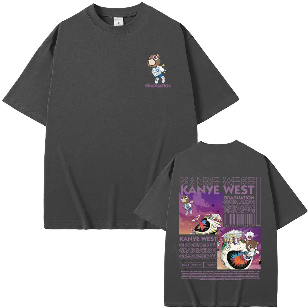 Rapper Kanye West Graduation Bear Double Sided Print T Shirt Men Women Fashion Hip Hop Oversized T-shirt Men's Cotton T-shirts