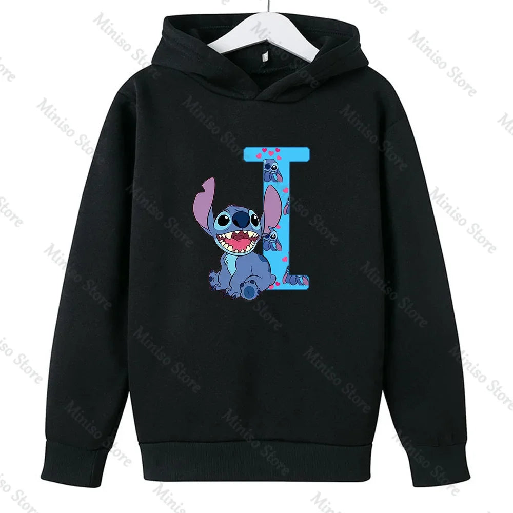 Children Hoodies Stitch Letter ABCD Kawaii Fashion Pullover Sweatshirt Anime Manga Cartoons Girls Boy Kids Casual Clothes Tops