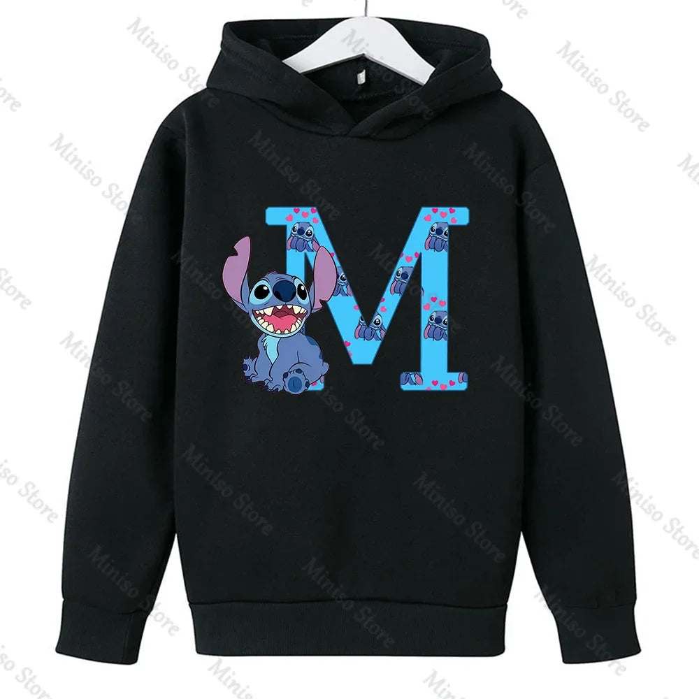 Children Hoodies Stitch Letter ABCD Kawaii Fashion Pullover Sweatshirt Anime Manga Cartoons Girls Boy Kids Casual Clothes Tops