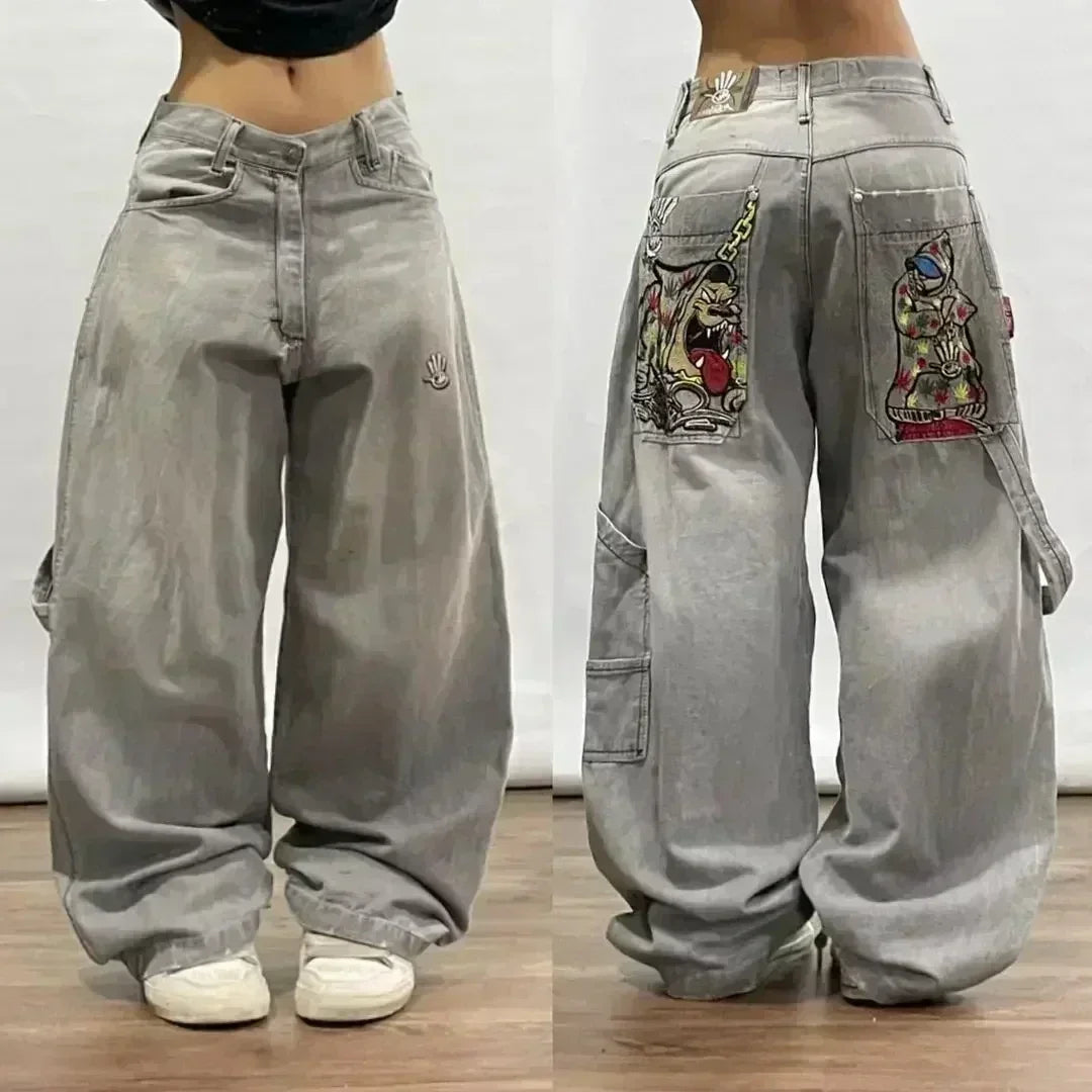 American Y2K New Fashion Pattern Embroidery Loose Jeans Men Street Casual Joker Mopping Oversized Wide-leg Pants Couple Jeans