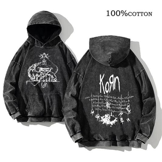 Korn Rock Band World Tour Hoodies Vintage Washed Men's Sweatshirts Cotton Hip Hop Streetwear Hooded Pullover Loose Y2K Tops