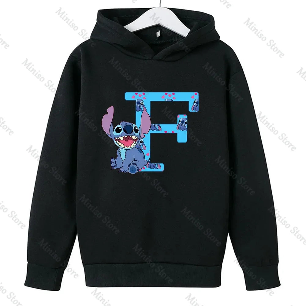 Children Hoodies Stitch Letter ABCD Kawaii Fashion Pullover Sweatshirt Anime Manga Cartoons Girls Boy Kids Casual Clothes Tops