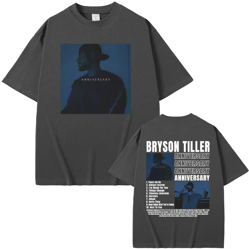 Rapper Bryson Tiller ANNIVERSARY Double Sided Print Tshirt Male Hip Hop Streetwear Oversized T-shirts Men's Casual Vintage Tees